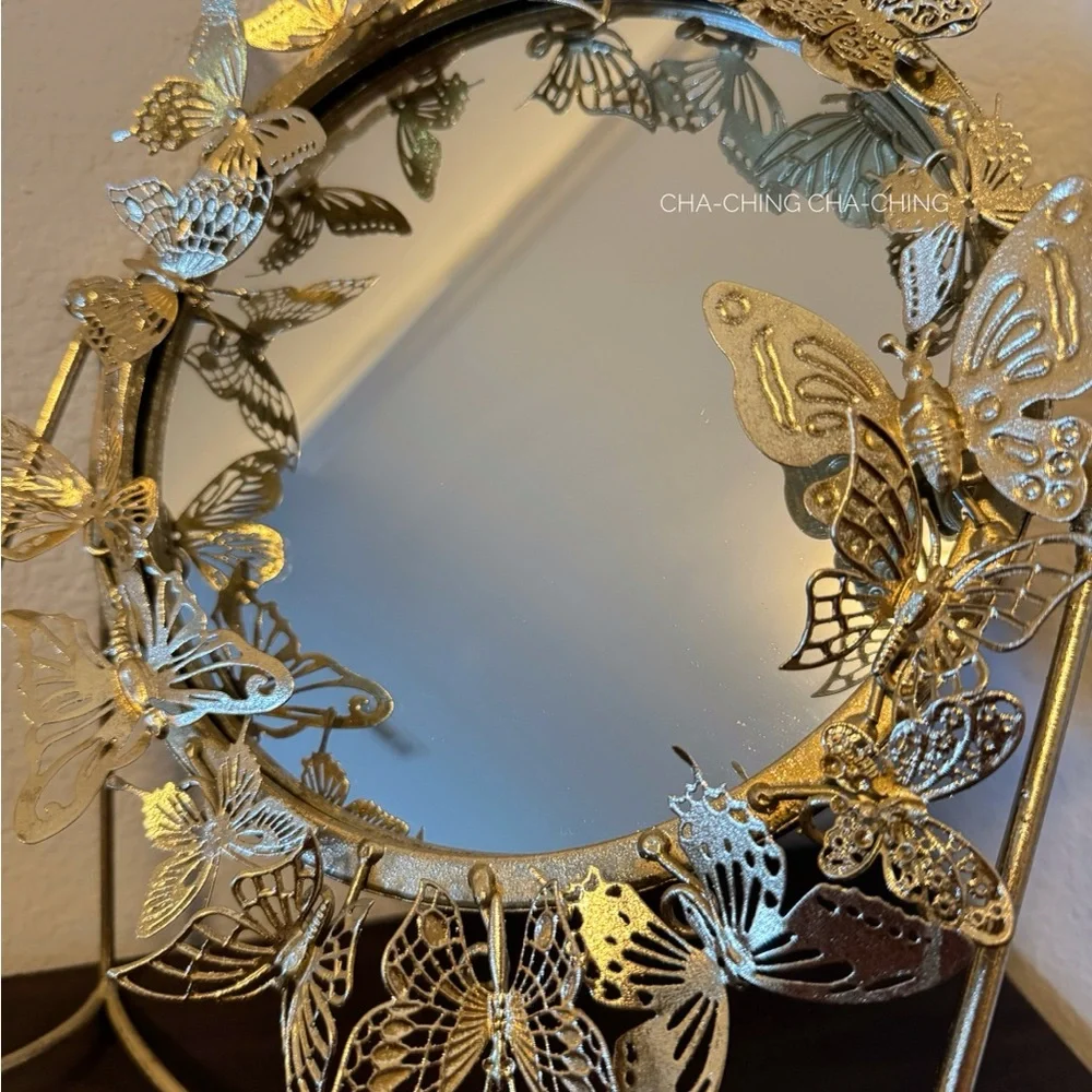 Vintage Gold Metal Round 3D Butterfly Standing Mirror